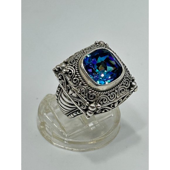 Mystic Blue Quartz Ring Size 5 Sterling Silver Ornate Raised Stone Silver 925 - Picture 10 of 10